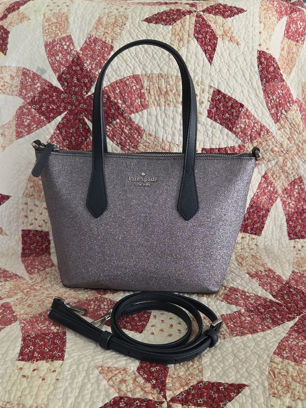 Kate Spade Glitter NWOT Tote Bag in Lavender/silver with Navy blue Trim